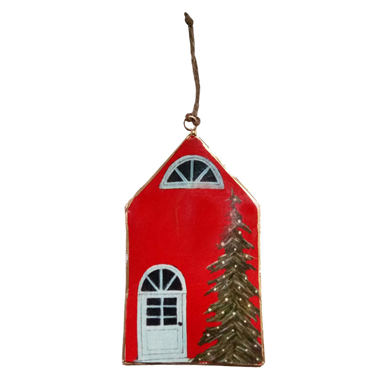 Red Iron and Jute Christmas House Hanging Set of 12