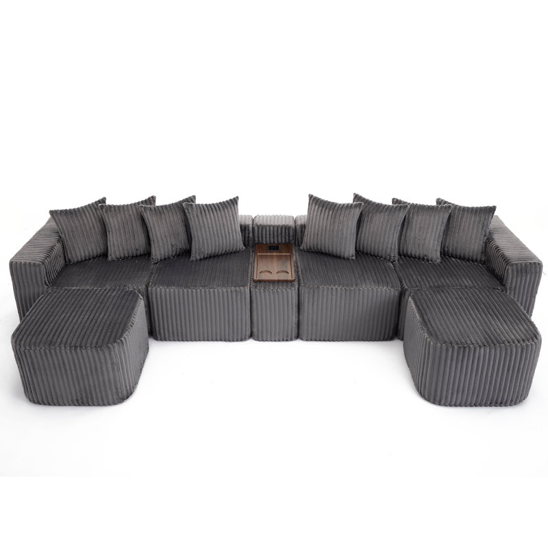Canapé modulaire en U de 137,5 po avec chargement sans fil, repose-pieds mobiles et console intelligente, canapé modulaire en velours côtelé 8-en-1, aucun assemblage requis