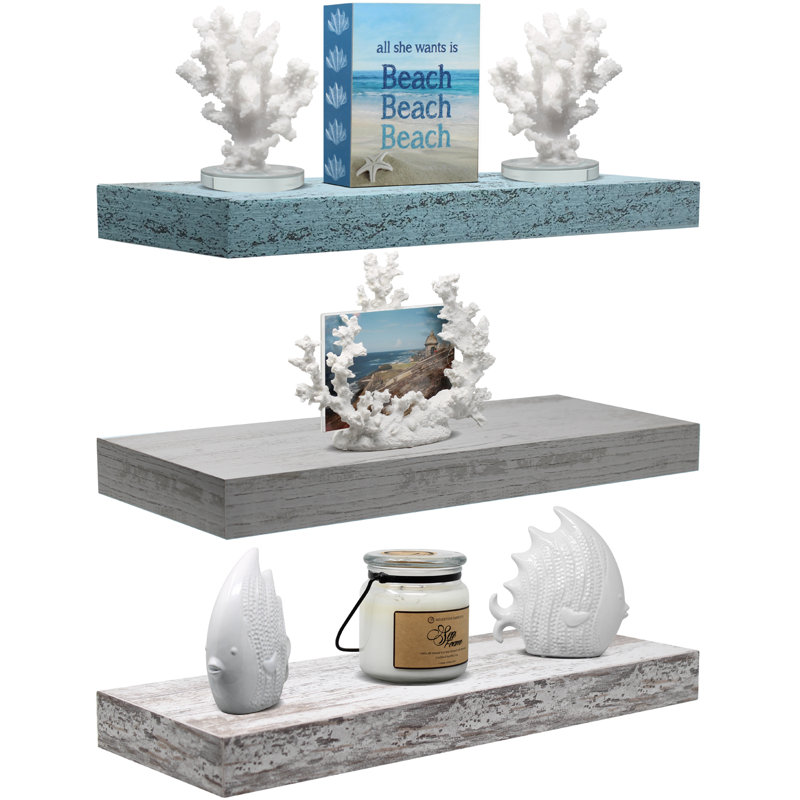 Sorbus 16" Long Floating Shelves with Invisible Mounting Set of 3, Blue/Gray/White