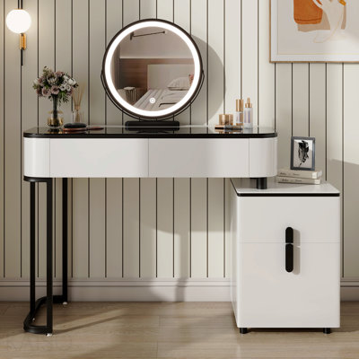 Modern Vanity Table With Tempered Glass Top, Adjustable Height Legs, Multi-Functional Storage Cabinet And Round Mirror, White And Black, 100cm/39.37in Wide - Perfect For Bedroom, Dorm, Small Spaces.