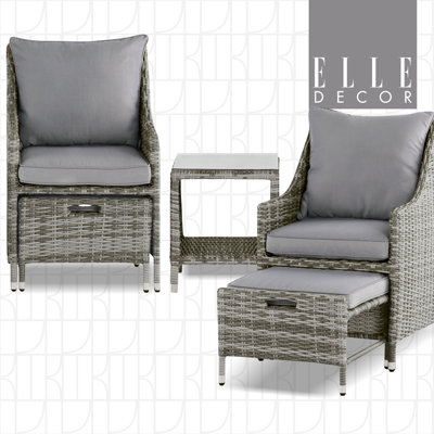 Elle Decor Vallauris 5-Piece Outdoor Wicker/Rattan Patio Conversation Set with Cushioned Chairs, Ottomans, and Glass-Top Side Table