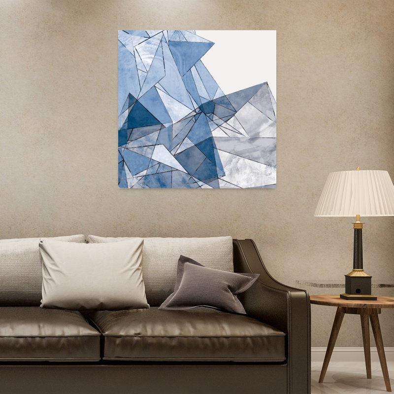 Art mural contemporain abstrait à géométrie bleue fracturée, H 32 po x l 32 po