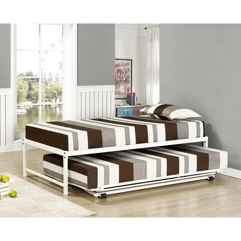 Josef Twin Metal Platform Hi-Riser Bed with Pop Up Trundle, White
