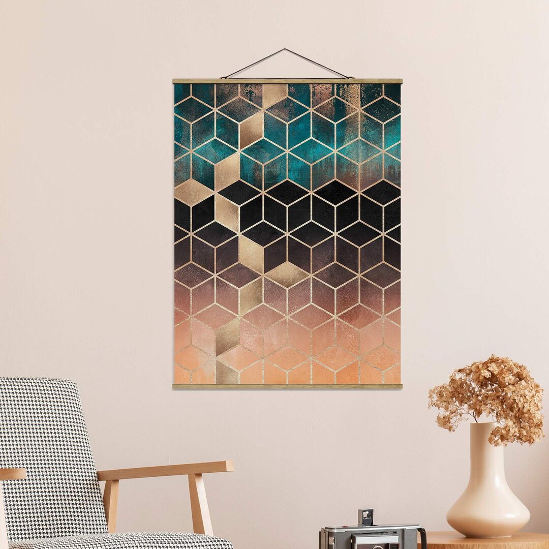 Poster Türkis Rosé Goldene Geometrie von Elisabeth Fredriksson