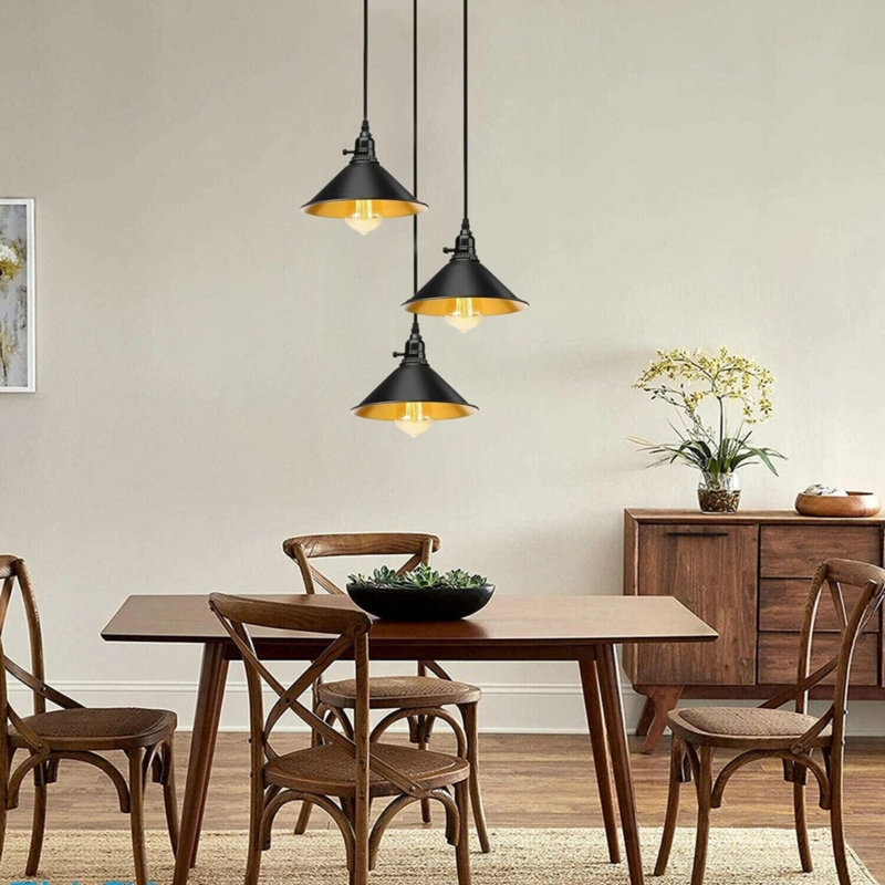 3-Light Cone Pendant Light – Industrial Kitchen Island Ceiling Fixture with Adjustable Height & E27 Bulbs, Black Gold Inner