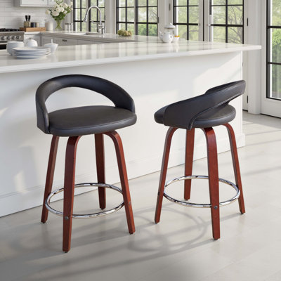 Tabouret de comptoir à hauteur fixe avec pivot en bois et similicuir avec repose-pieds rond en métal - ensemble de 2