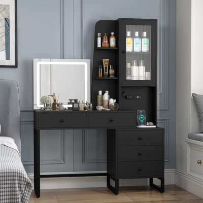 Coiffeuse moderne noire avec miroir à DEL, concentrateur électrique intégré et amplement de rangement