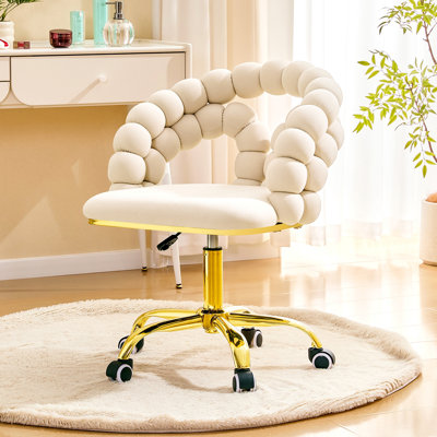 Fauteuil de bureau pivotant en velours moderne avec dossier à bulles, fauteuil de coiffeuse rembourré avec base en métal doré, fauteuil de bureau roulant pour bureau à domicile, chambre à coucher, salle de maquillage, beige (ensemble de 1)