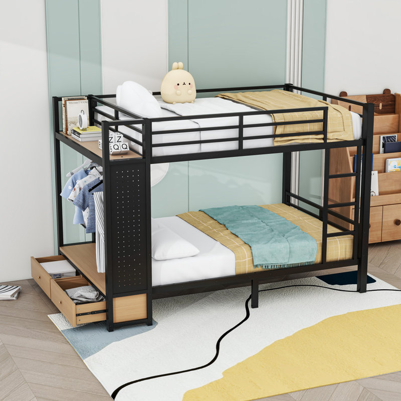 Two Drawers Metal Bunk Bed With Pegboard And Shelves, Full