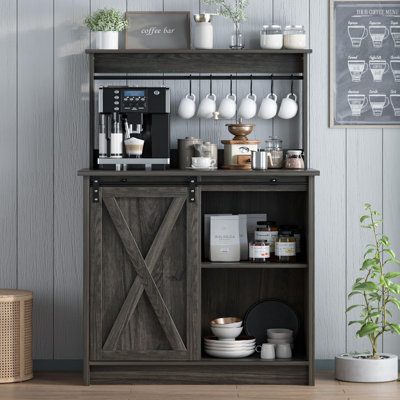 Farmhouse Coffee Bar Cabinet with 6 Hooks, Coffee Bar Hutch with Storage, Buffet Cabinet with Sliding Barn Door, Coffee Bar Table with Adjustable Shel by Gracie Oaks