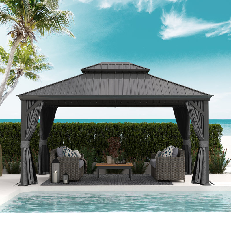 Outdoor Galvanized Steel Patio Gazebo with Double Roof, Gray, 114.65" H x 166.38" W x 117.17" D