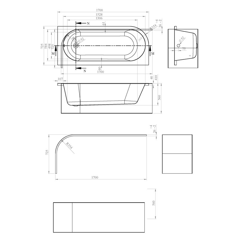 Crescent 1700mm x 725mm Soaking Acrylic Bathtub, Left
