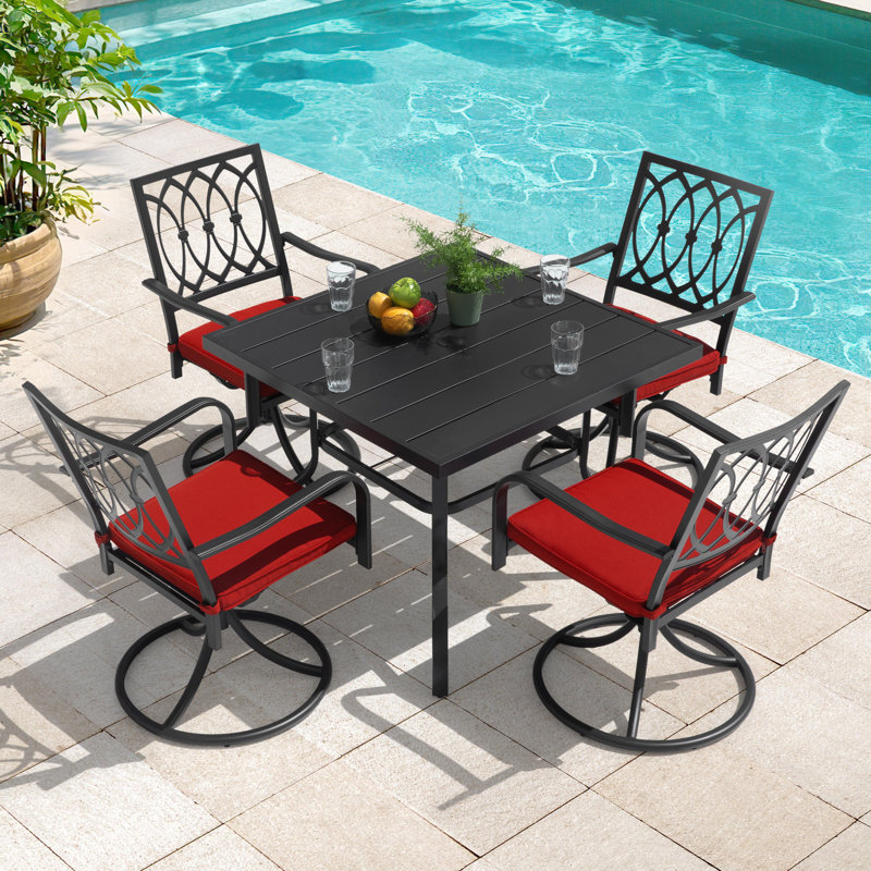 5-piece Outdoor Dining Set With Umbrella Hole And 4 Swivel Chairs, 28.5" H x 37" W x 37" D, 5 Pieces: Table, 4 Chairs