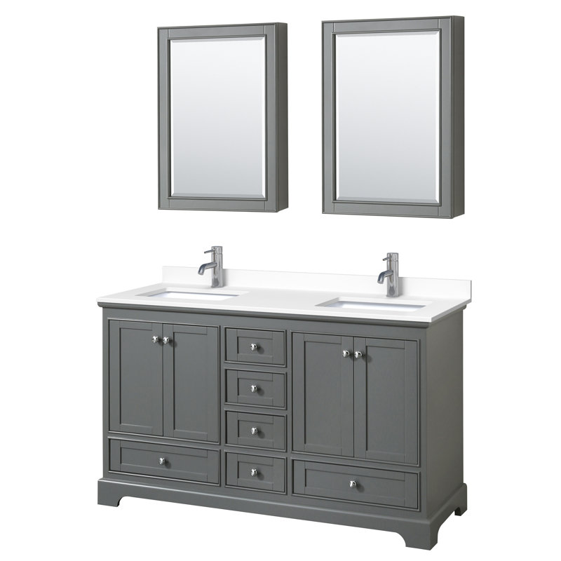 Ensemble de meuble-lavabo double 60 "avec miroir Deborah, Marbre de culture blanc, Blanc, Chrome poli