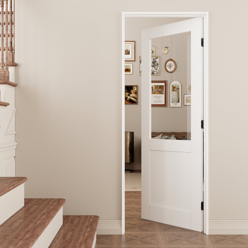 Primed Solid Core Clear Glass Core Panel Door Slab  With Door Jamb / Seal Strip, White/Black, Right, 30" x 80"