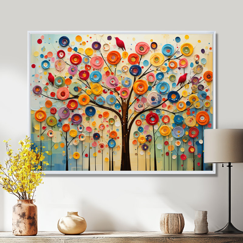 Arbre abstrait coloré 3 - Art mural africain, Cadre flottant blanc, H 24 po x l 32 po x P 1 po