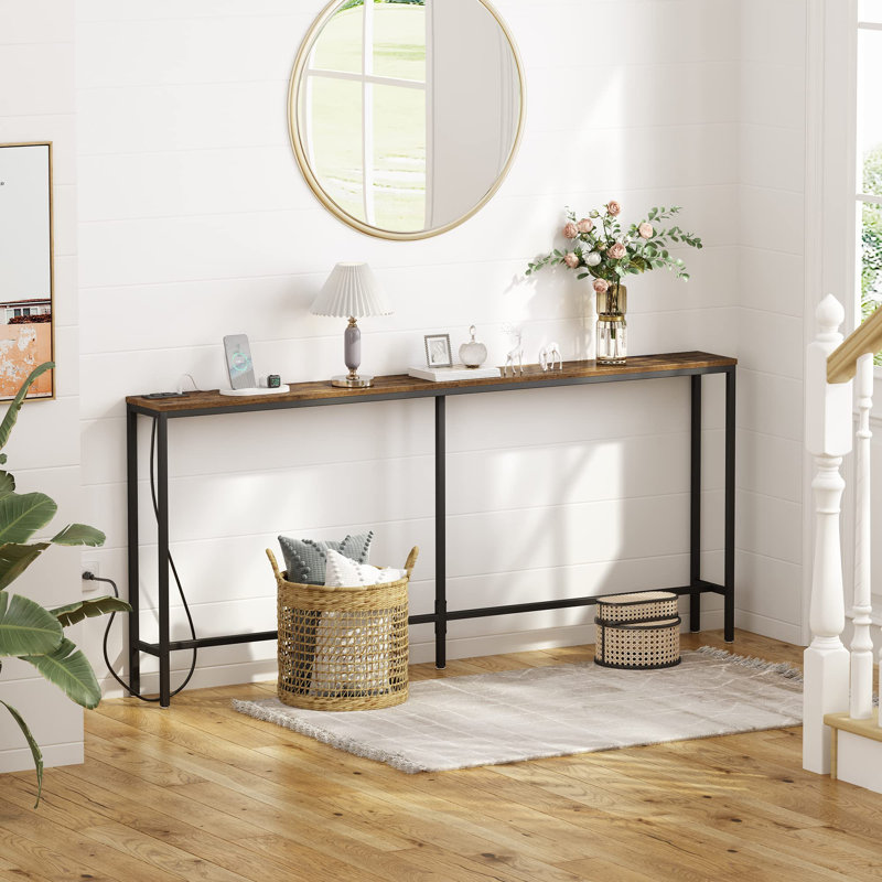 70" W Console Table with Outlet, Black, Brown