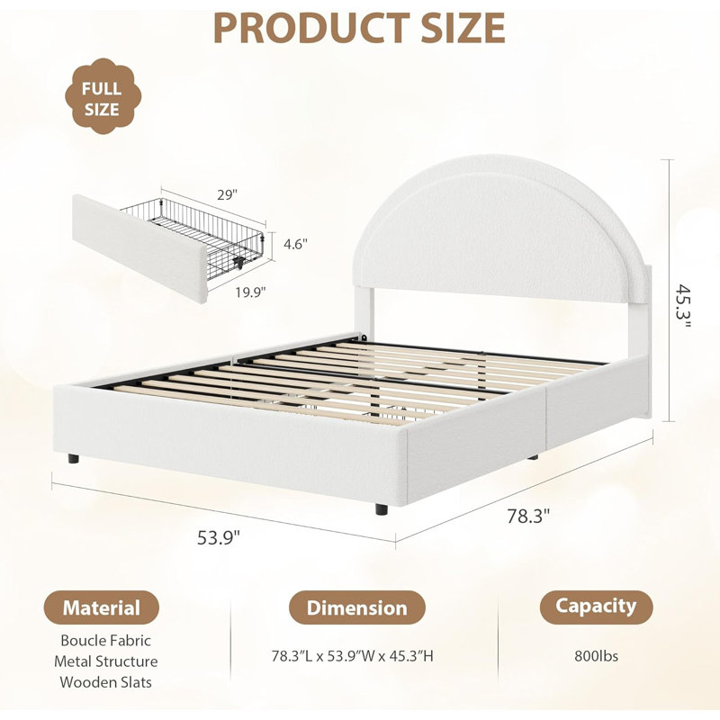 Bed Frame with Storage Drawers, Upholstered Boucle Platform Bed with Round Headboard, Heavy Duty & Noise Free, No Box Spring Needed