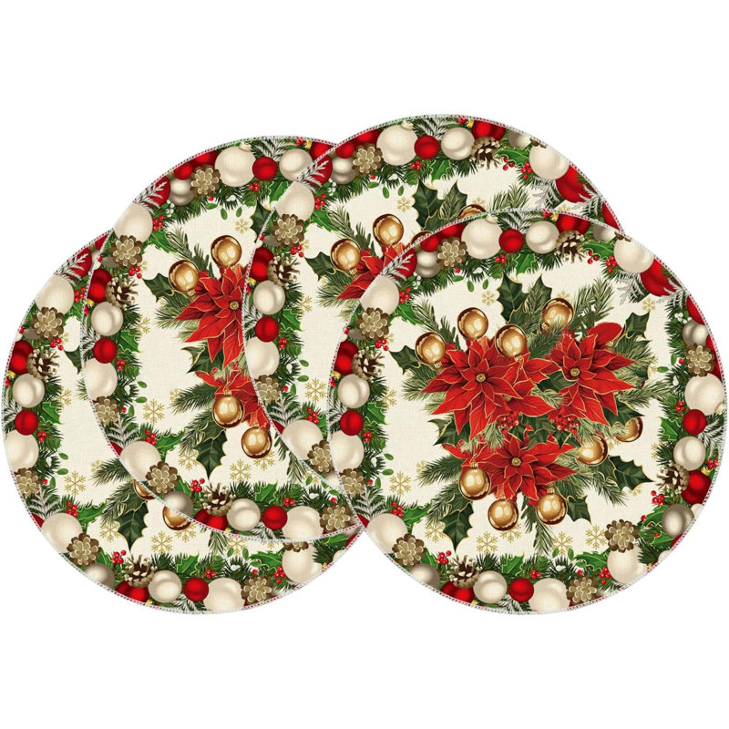 Ensemble de 4 napperons de Noël, poinsettias, feuilles, clochettes, flocons de neige, hiver