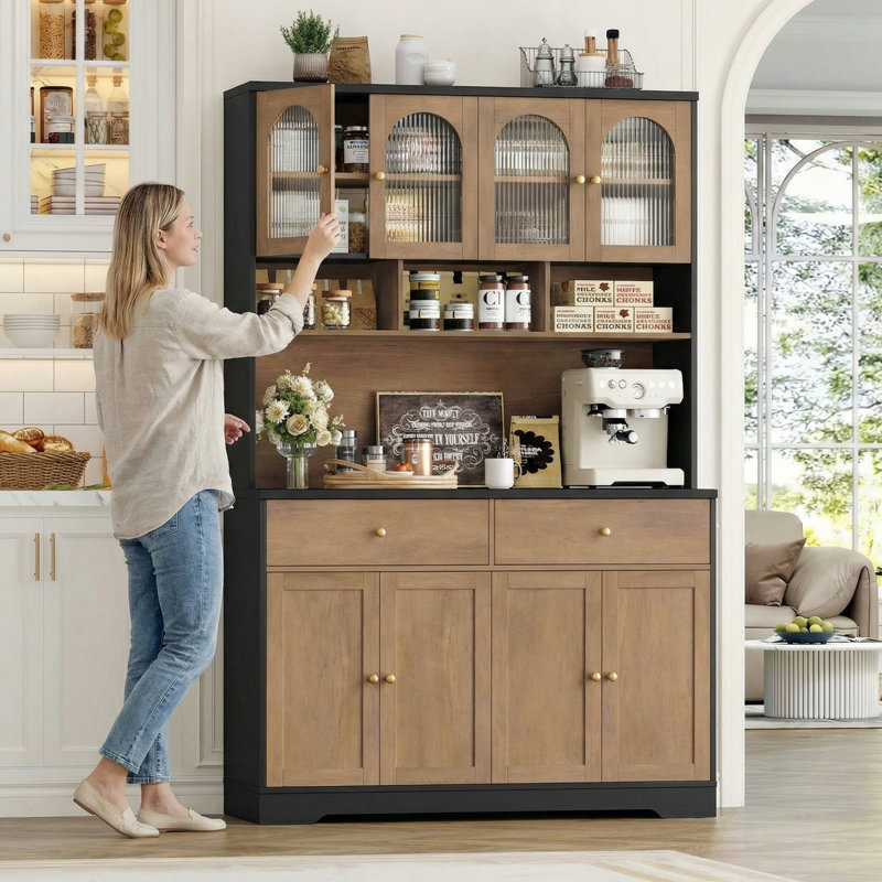 71.1" H Kitchen Pantry Cabinet, Oak/Black