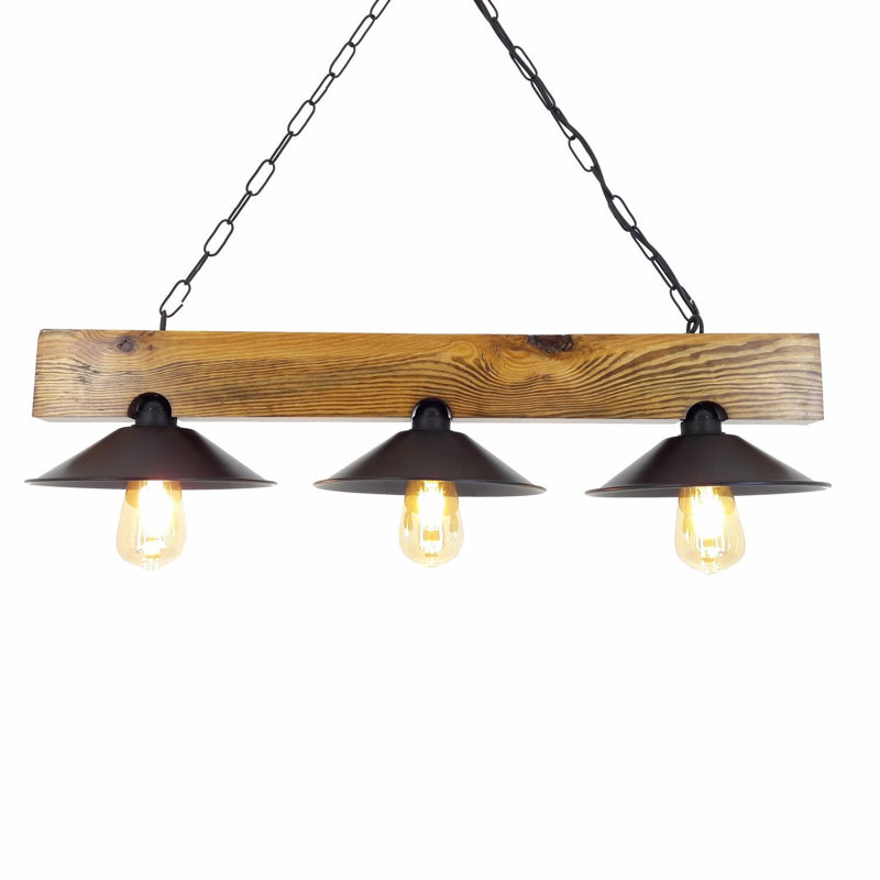 Lustre rustique industriel fait à la main de 31,5 po x 8,7 po x 25,6 po | 100% pin massif, finition noyer et noir | 3 x douilles E27 de 40 W maximum, indice de protection IP20 | Parfait pour la salle à manger, le salon et le vestibule
