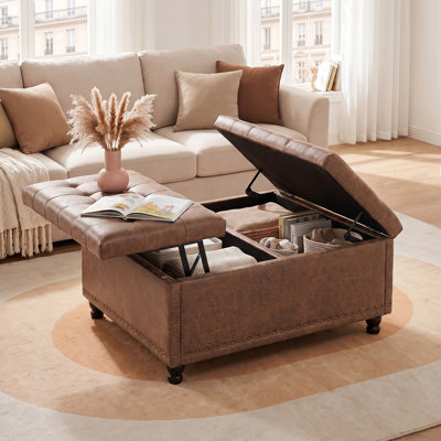 Repose-pieds carré avec rangement, table basse rembourrée avec décor à rivets, repose-pieds rectangulaire avec rangement dissimulé, repose-pieds pour salon, chambre à coucher, entrée, brun