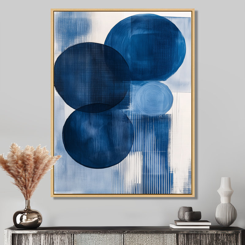 Toile bleue et grise, art mural abstrait géométrique, cercles et grilles abstraits apaisants dans des tons froids