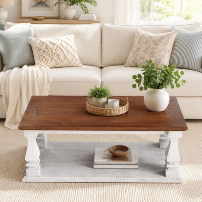 Rectangular Weathered Natural Farmhouse Coffee Table, Solid Wood Plank Top Coffee Table with Thick Baluster Legs, Distressed Rustic Coffee Table with