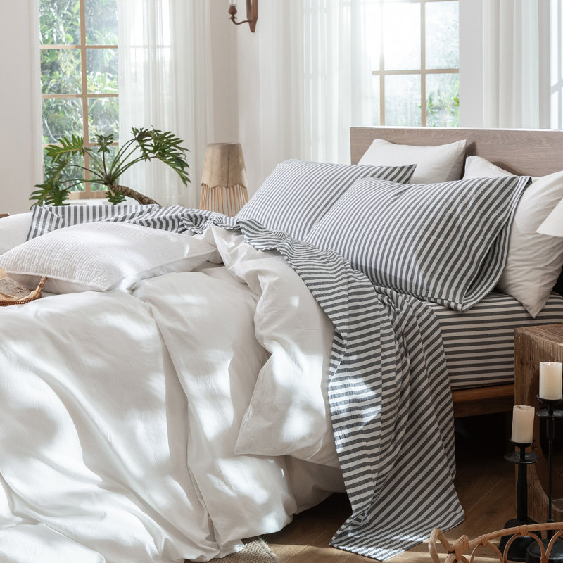 MooMee Striped Sheet Set 100% Washed Cotton Linen Like Textured Breathable Lightweight, Queen Sheet Set with 2 Pillowcases