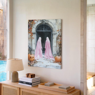 Art mural sur toile, entrée enchantée, fantômes roses et arcade d'automne, prêt à être accroché à la galerie, décoration moderne de qualité supérieure