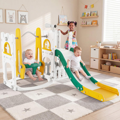 Ensemble de jeu de glissade et de balançoire 9 en 1 PEHD pour tout-petits - aire de jeu pour enfants intérieur / extérieur avec glissade très longue, balançoire pour bébé, panier de basketball, tunnel d'escalade, télescope, marches fermées et rangement
