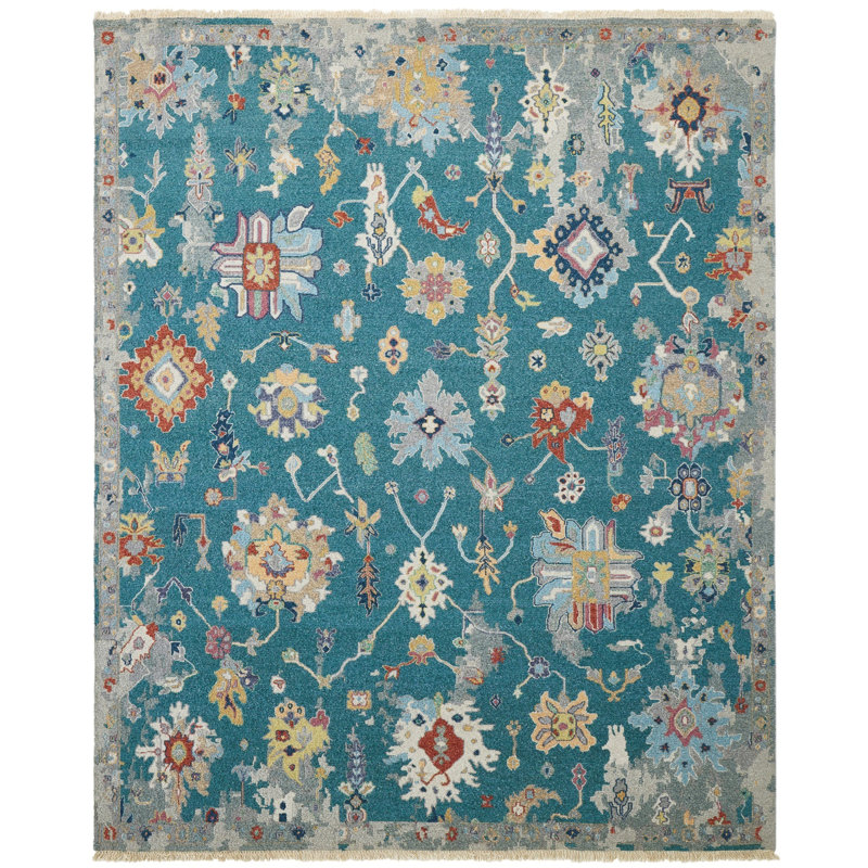 Tapis en laine tissé à plat à la main Zahara Ocean Bloom, Rectangle 6 pi x 9 pi