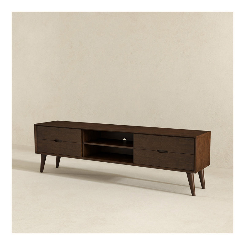 Meuble télé Adrian de style Mid-Century moderne avec rangement en bois de noyer brun massif, 71 pouces pour le salon