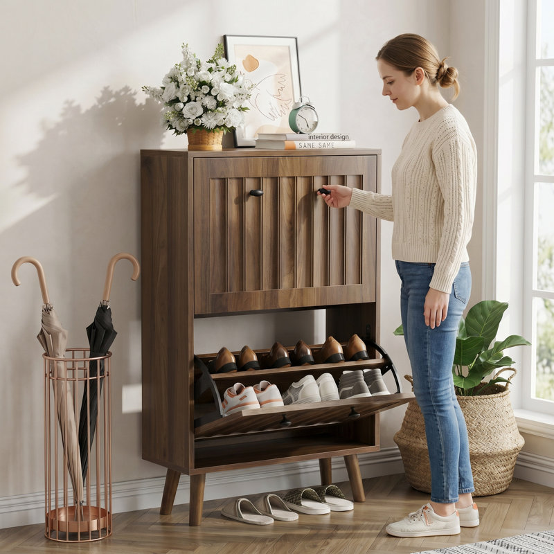 Walnut Shoe Storage Cabinet For Hallway, Foyer, Living Room, 37.41" H x 23.61" W x 9.45" D