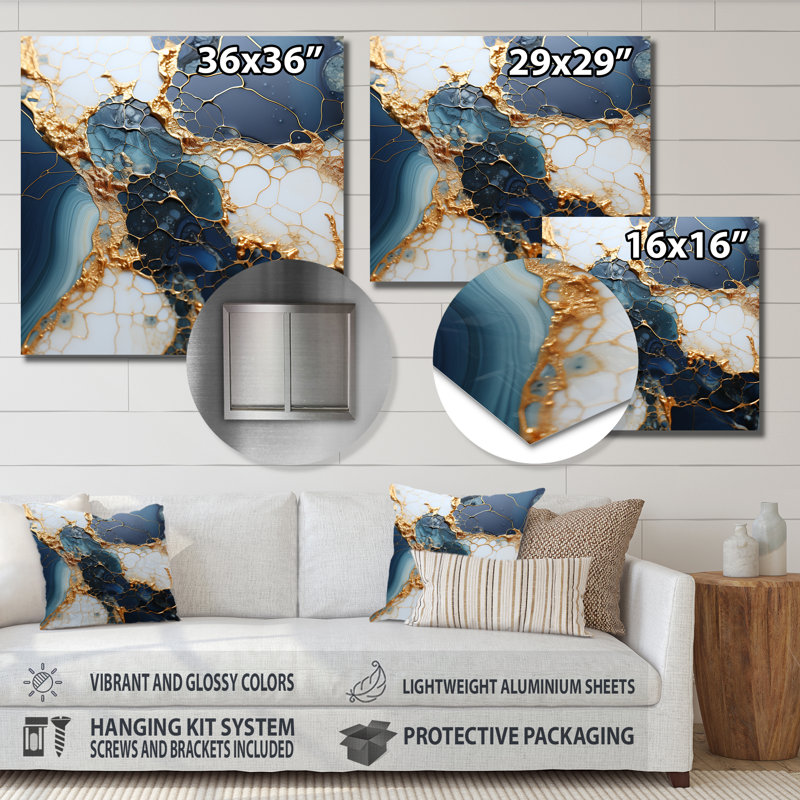 Gold And Blue Marble Ink Art  I - Liquid Ink Abstract Metal Wall Art, 16" H x 16" W