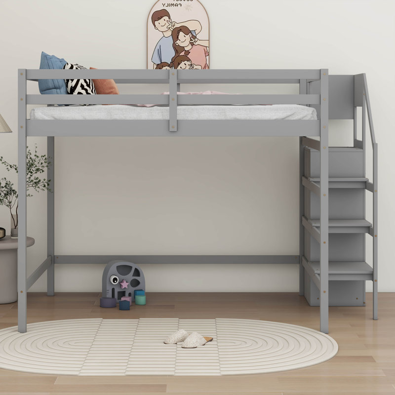  Lit mezzanine double avec armoire de rangement et escalier Karieliz, Gris