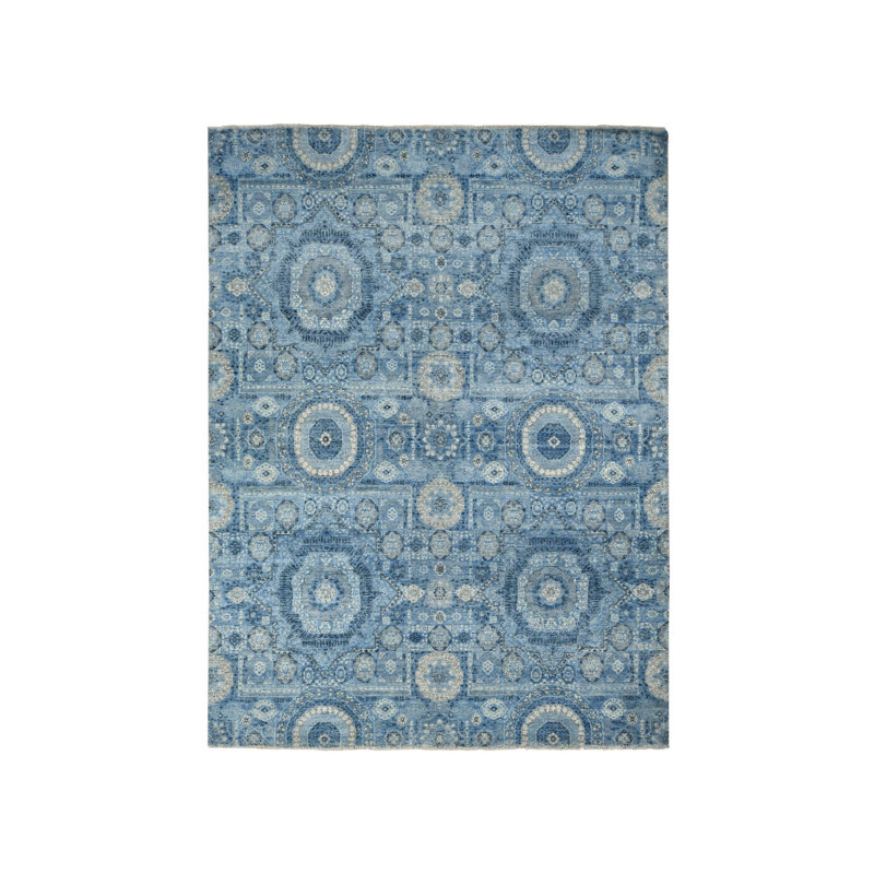 Tapis oriental bleu en soie noué à la main 9 pi 0 po x 12 pi 4 po - MOA10278147