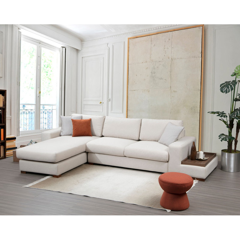 Elegant Corner Sofa with Beech Wood Frame, 10.3 ft L x 6.4 ft W x 2.8 ft H | 100% Polyester Fabric, Dry-Cleanable | Comfortable 18.1 in Thick Grey Foam & Feather Cushions | Includes 2 Portable Cushions, Walnut Legs, Scandinavian Design