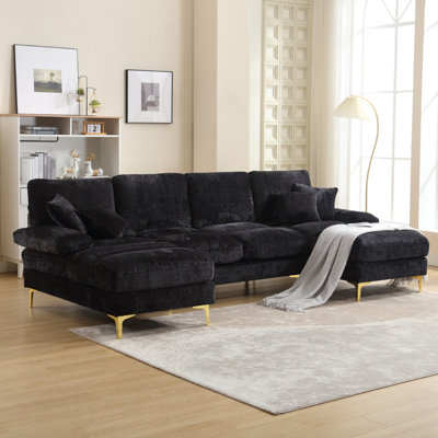 Convertible Sectional Sofa Couch, 114"" Modern Chenille 4 Seater U Shaped Couch, Upholstered Modular Sofa Sleeper With Double Lounge Chaise For Living -  Mercer41, 375E27005CF8434EBD06B41AB00DB8B7