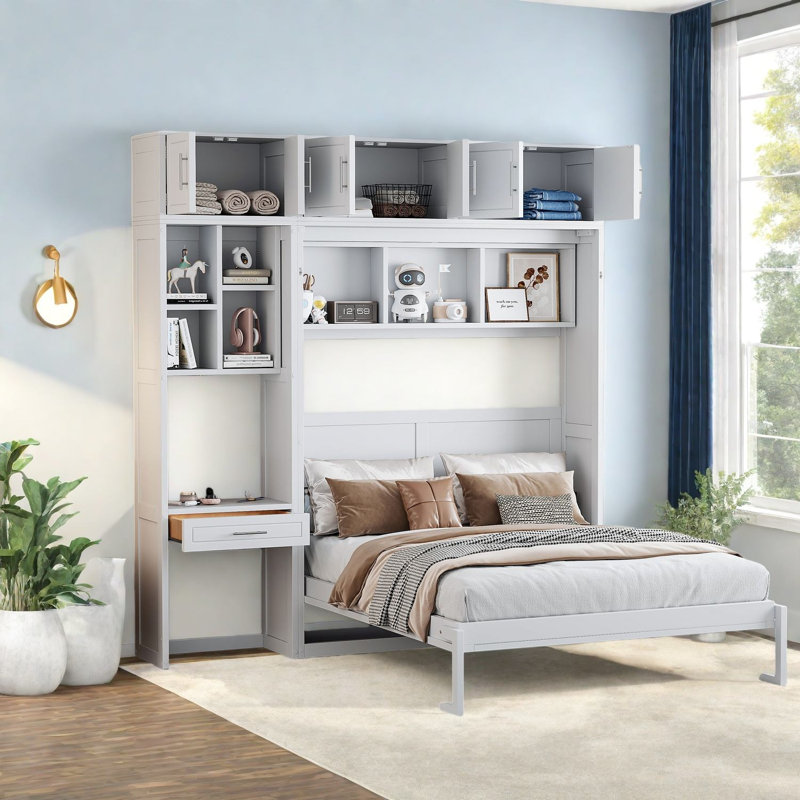 Grand lit escamotable avec bureau et rangement en MDF blanc