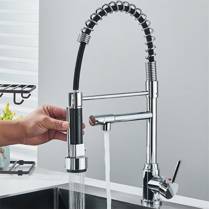 Kitchen sink mixer tap with pull-out spray high spout brass