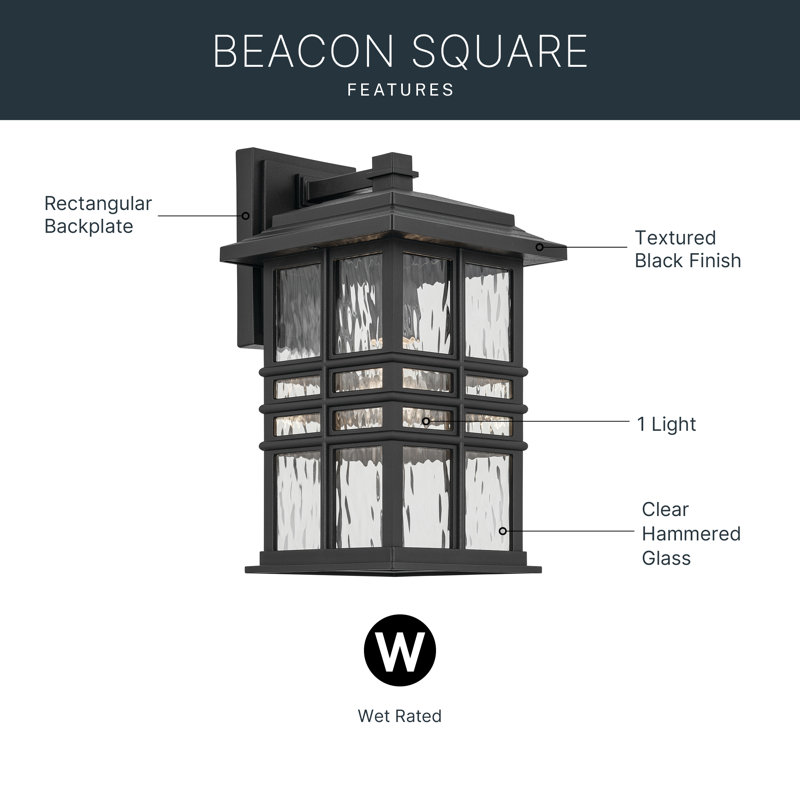 Beacon Square EPMM Textured Black 12-inch 1-Light Outdoor Wall Light with Clear Hammered Glass Shade, 12" H x 6.5" W x 7.5" D