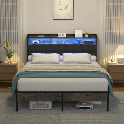 Structure de grand lit avec tête de lit ergonomique, 10 lumières à DEL modifiables, réglage de la boîte de rangement et de rangement, tablette