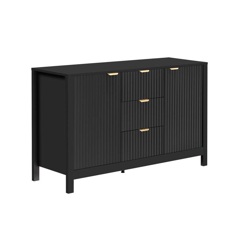 Cabinet d'entrée avec design Wave - 3 tablettes réglables, 3 tiroirs et portes à fermeture douce, console de rangement avec poignées en métal, convient pour le bureau, le couloir et le salon
