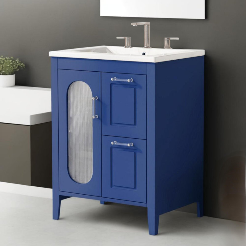 Meuble-lavabo moderne 24 po avec lavabo, deux tiroirs et porte, tablette réglable, Bleu