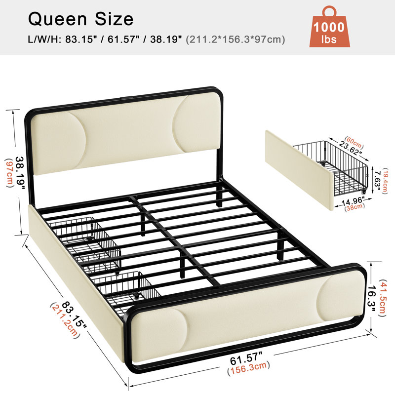 Upholstered Platform Bed with 2 Storage Drawers, Modern Bed Frame with Charging Station, Storage Bed with Velvet Tufted Headboard, No Spring Boxing Needed