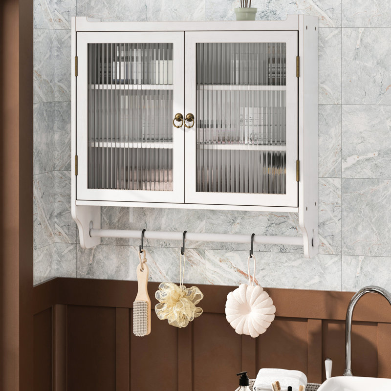Armoire rétro Almonte pour la salle de bain, la cuisine, la salle à manger - porte en verre de 24,8 po, trois rangements, porte-serviettes, support de cuisine blanc délavé
