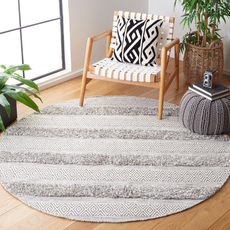 Tapis géométrique en laine / coton tissé à la main Vermont en brun / ivoire, Rond 6 pi