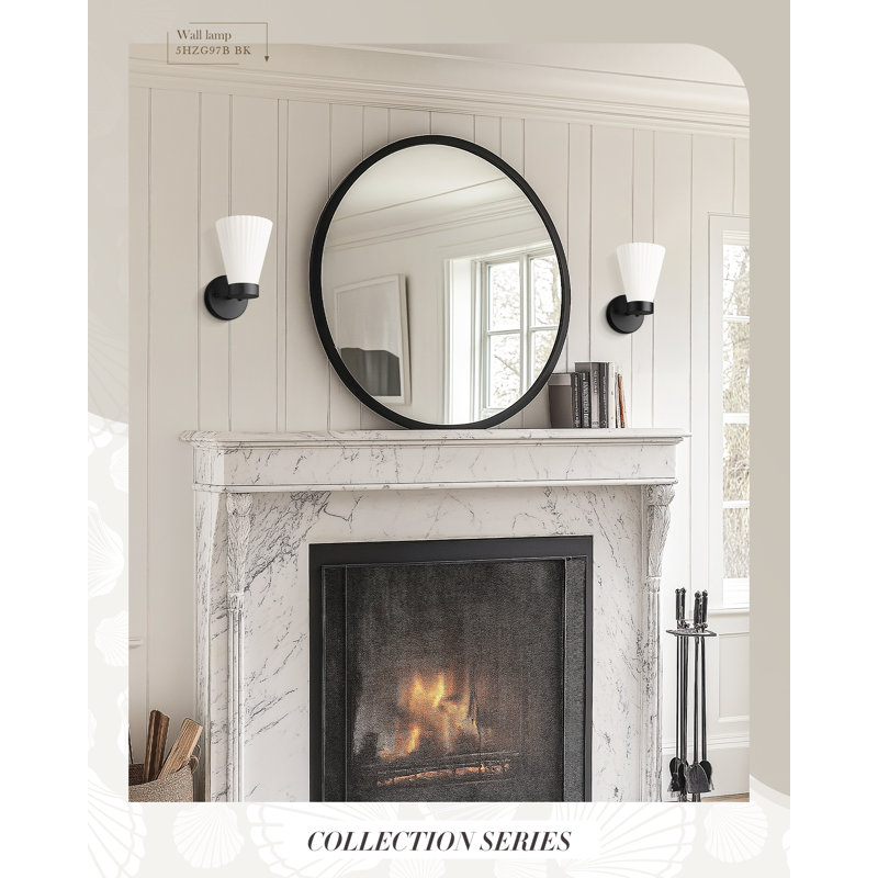 Steel Armed Sconce With Frosted Milk White Striped Glass Shade, Black