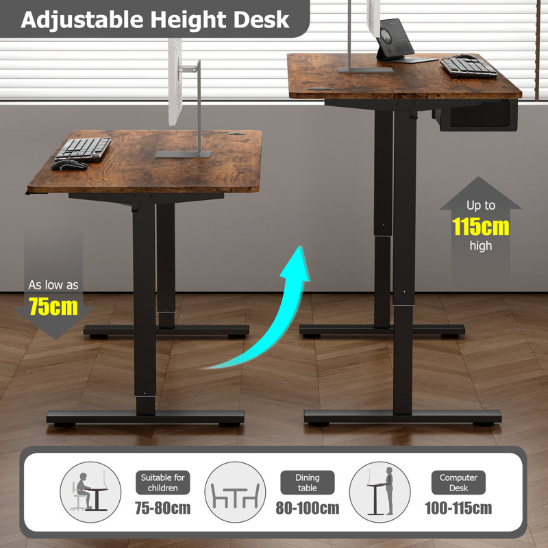 Alstead Adjustable Height Standing Desk, 140cm W x 60cm D, Black, Natural